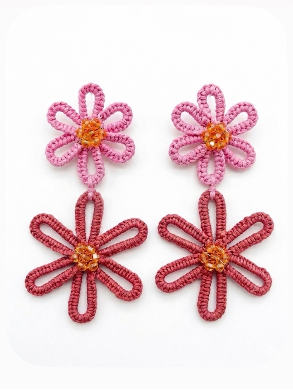 Double Floral Drop Earrings in Pink & Rose with Amber Centers